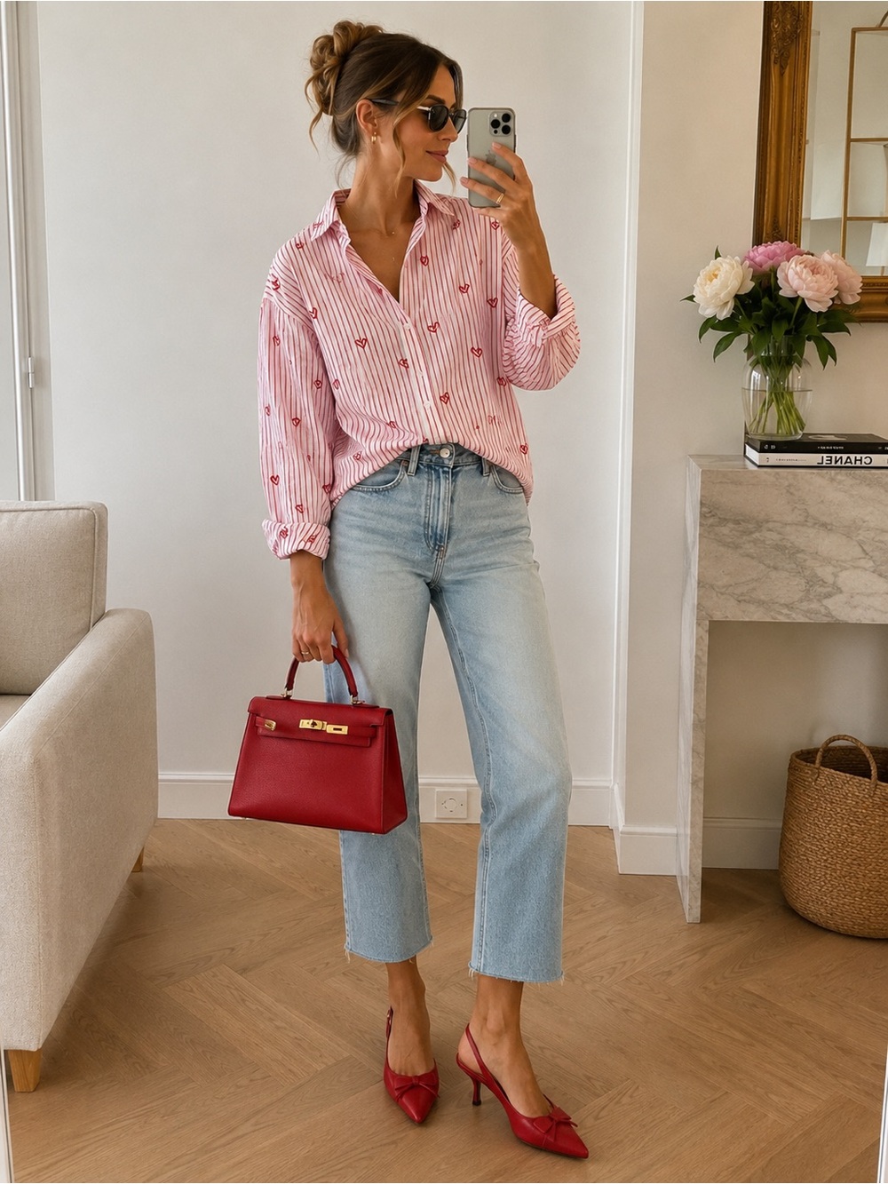 Jane and Delancey Rayon Pink and Red Striped Button Down Shirt